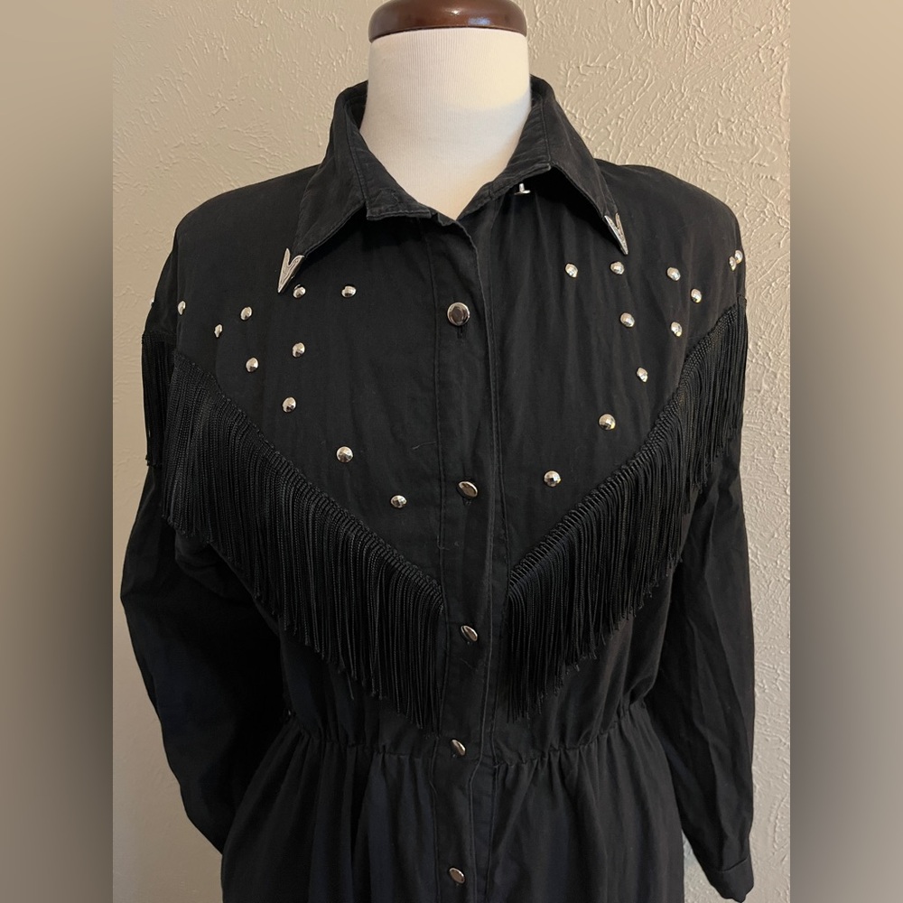 VINTAGE Black Tassle Fringe Western Dress with shiny buttons and ornamentation - Picture 2 of 8